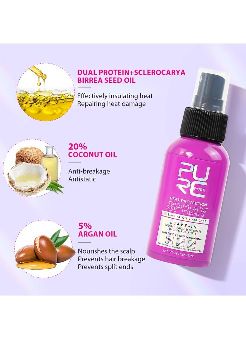 PURC - 75ml Heat Protection Spray for Hair Reduce Frizz Hydrate Smooth Hair for 3 Days Heat Protection Up to 240°C+ 470°F for Curling Perming Blow Dry Leave in Essential Oil Heat Protection Spray - Image 1