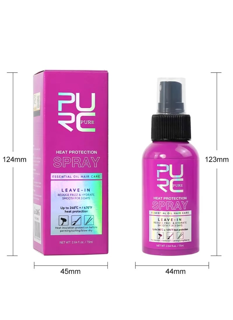 PURC - 75ml Heat Protection Spray for Hair Reduce Frizz Hydrate Smooth Hair for 3 Days Heat Protection Up to 240°C+ 470°F for Curling Perming Blow Dry Leave in Essential Oil Heat Protection Spray - Image 1