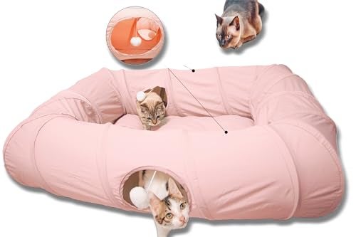 XxingSheep 4 Ways Shuttled XL Cat Tunnel Bed for Indoor Cats Peekaboo Cat Cave Donut with Cool Mat Pink - Image 1