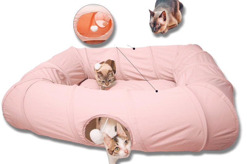 XxingSheep 4 Ways Shuttled XL Cat Tunnel Bed for Indoor Cats Peekaboo Cat Cave Donut with Cool Mat Pink - Image 2