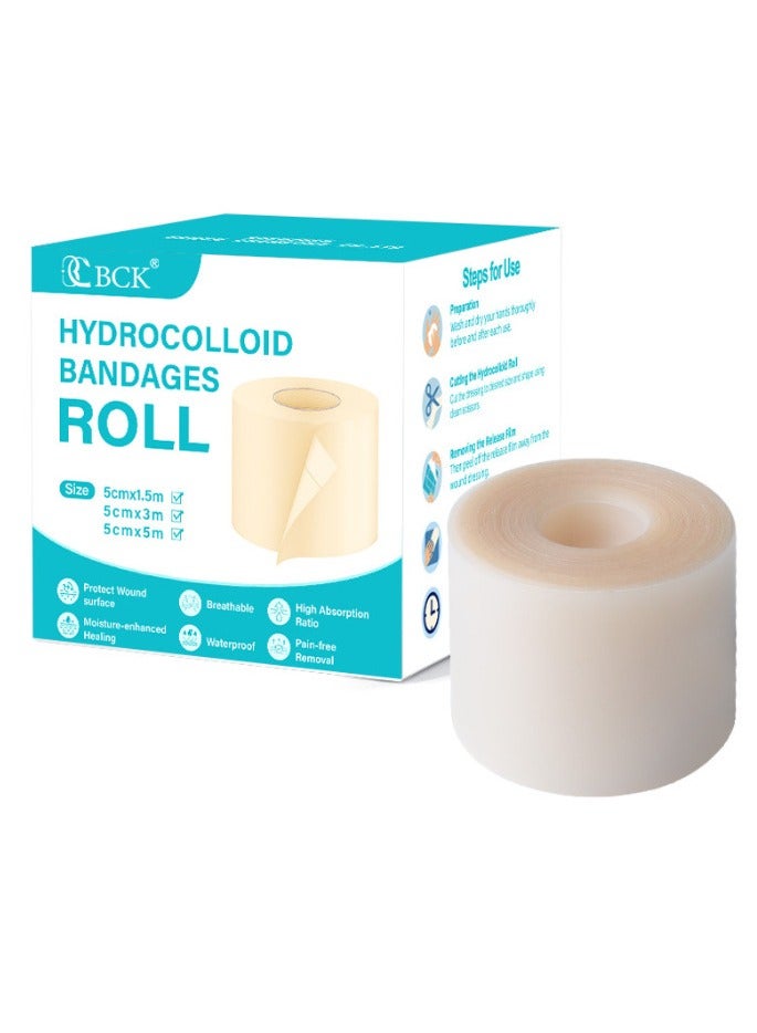 BCK Hydrocolloid Bandage, Wound Care Hydrocolloid Roll, Cut-to-size Waterproof Tape,Portable Gentle Breathable Bandage,suitable For Sensitive Skin Hands Feet Toe Face Pimple (5CM*5M) - Image 1