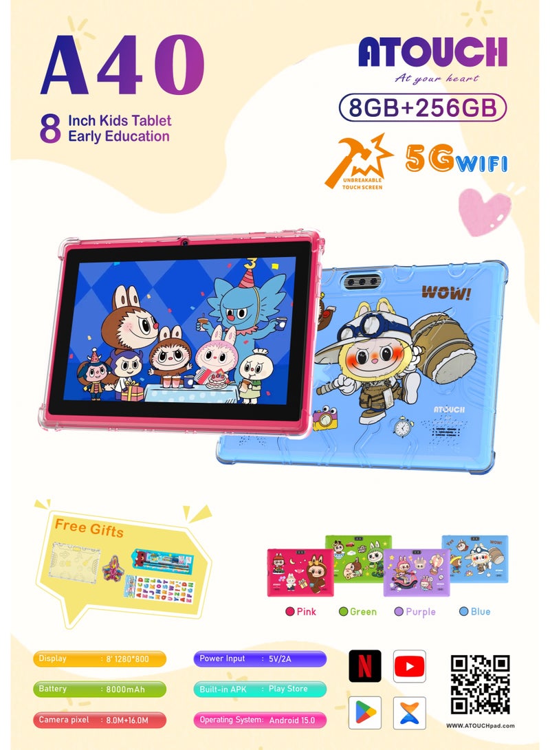 ATOUCH A40 8-Inch Android Kids Tablet 8GB RAM 256GB ROM Wi-Fi Toddler Tab Early Education and Learning Smart Tablet Dual Camera Silicone Case – Blue - Image 4