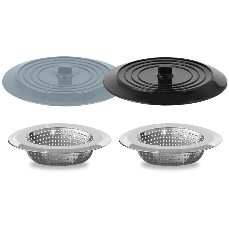 V-TOP Sink Strainer Stopper 4 Pack, Universal Silicone Kitchen Sink Drain Strainer Cover Plug Stopper Kit, 4.5 Inch Stainless Steel Sink Filter Strainer, Food Catcher for Kitchen Sink - Image 1