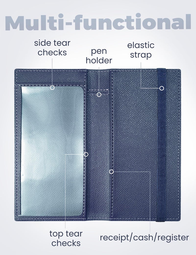 Yarnic Checkbook Cover for Personal Checkbook, Checkbook Holder with Pen Holder & Built-in Clear Plastic Divider for Duplicate Checks (Midnight Blue) - Image 2