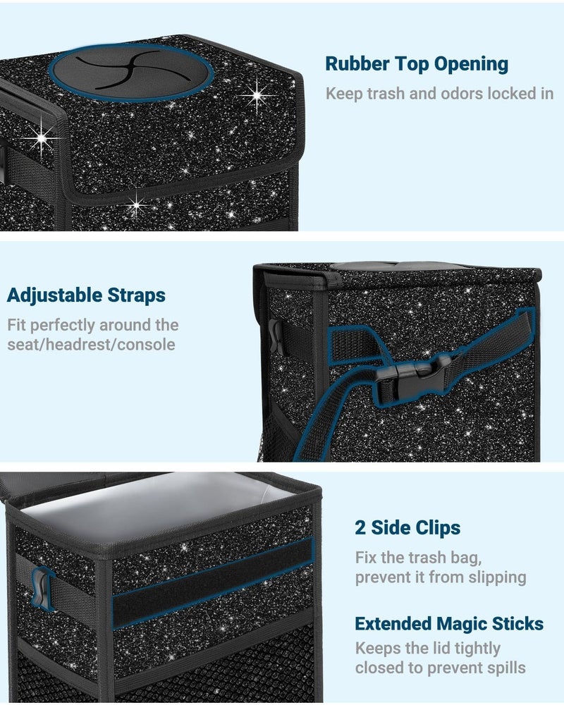 Capolo Car Trash Can with Lid, Leakproof Car Trash Bag Hanging Waterproof Automotive Garbage Can with Storage Pockets Mini Vehicle Trash Bin for Back/Front Seat(Sparkly Black,3 Gallon) - Image 3