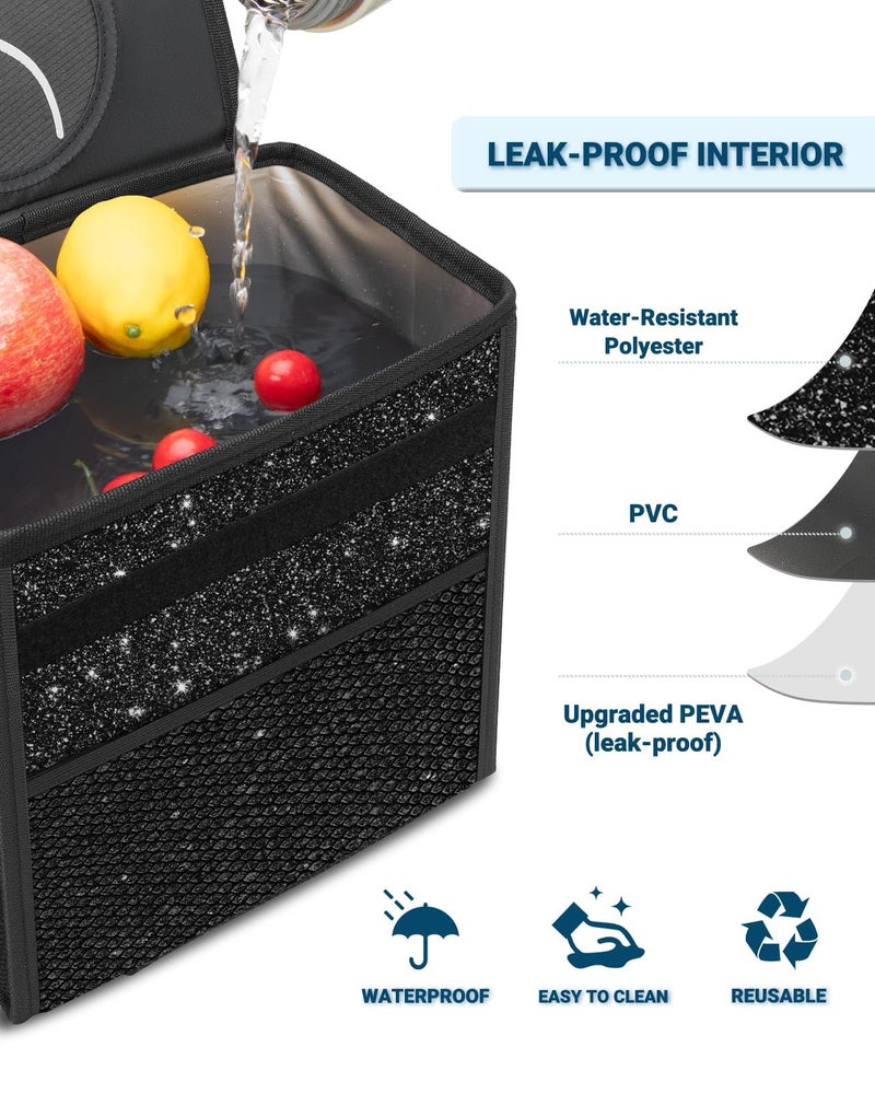 Capolo Car Trash Can with Lid, Leakproof Car Trash Bag Hanging Waterproof Automotive Garbage Can with Storage Pockets Mini Vehicle Trash Bin for Back/Front Seat(Sparkly Black,3 Gallon) - Image 4