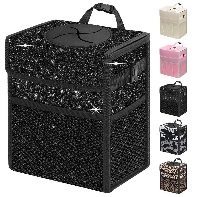 Capolo Car Trash Can with Lid, Leakproof Car Trash Bag Hanging Waterproof Automotive Garbage Can with Storage Pockets Mini Vehicle Trash Bin for Back/Front Seat(Sparkly Black,3 Gallon) - Image 1