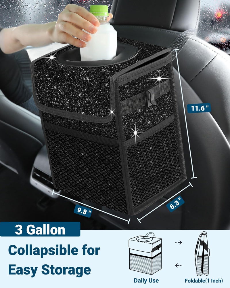 Capolo Car Trash Can with Lid, Leakproof Car Trash Bag Hanging Waterproof Automotive Garbage Can with Storage Pockets Mini Vehicle Trash Bin for Back/Front Seat(Sparkly Black,3 Gallon) - Image 2
