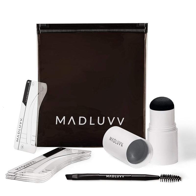 مجموعة قوالب حواجب MADLUVV سهلة الاستخدام مظهر طبيعي 9 أشكال شائعة يستخدمها المحترفون تشمل قوالب الطوابع وفرشاة السفر حقيبة رمادية داكنة