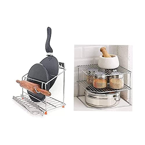 Cri8Hub 2 Pcs Stainless Steel Chakla Belan Tawa Chimta Stand 4 In 1 With 3-Tier Wall Mount Storage Corners Rack For Kitchen Plate Dish Corner Shelf Rack Stand Holder (Pack Of 2) - Image 1