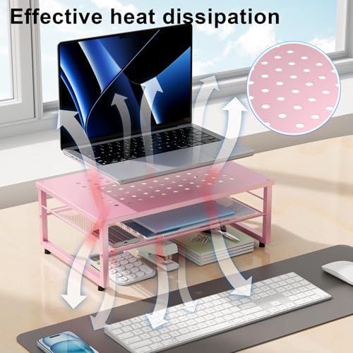 Gianotter 2-Tier Metal Monitor Stand Riser, Workspace Organizer with Desk Accessories, Office Storage for Supplies (Pink) - Image 3