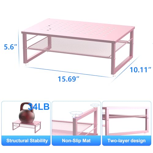 Gianotter 2-Tier Metal Monitor Stand Riser, Workspace Organizer with Desk Accessories, Office Storage for Supplies (Pink) - Image 5