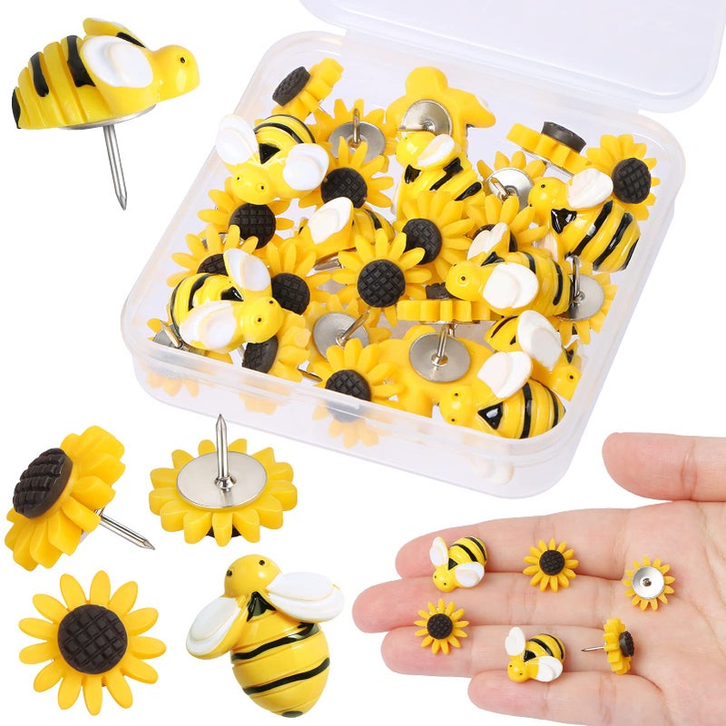 MIKIMIQI 30 Pcs Sunflower Bee Push Pins Resin Flowers Bees Push Pins Decorative Thumb Tacks Cork Board Thumbtacks for Bulletin Board Photos Wall Pins Office Decors Office Supplies with Box