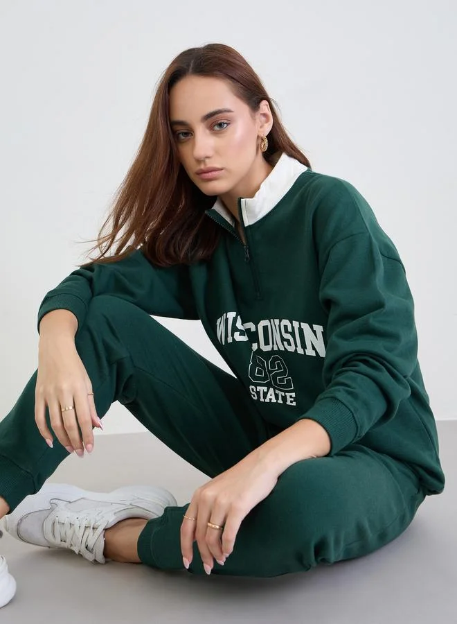 Styli Styli Dark Green Longline Sweatshirt and Joggers Co-Ords