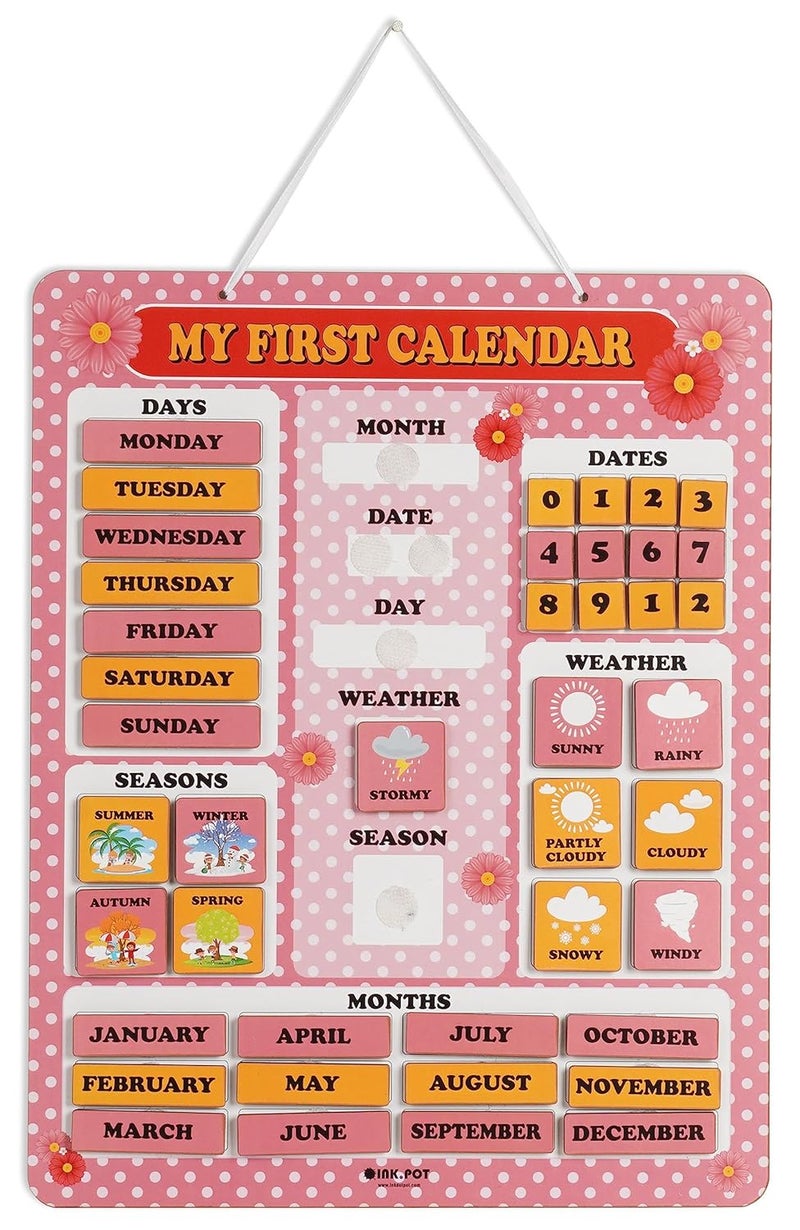 Inkdotpot My First Calendar Board For Kids, Preschool Wall Hanging Month/Date/Day/Weather/Season (42 Pieces); Classroom Learning Calendar Board, 14.5 x 11.5 inches (Pink & Yellow) - Image 1