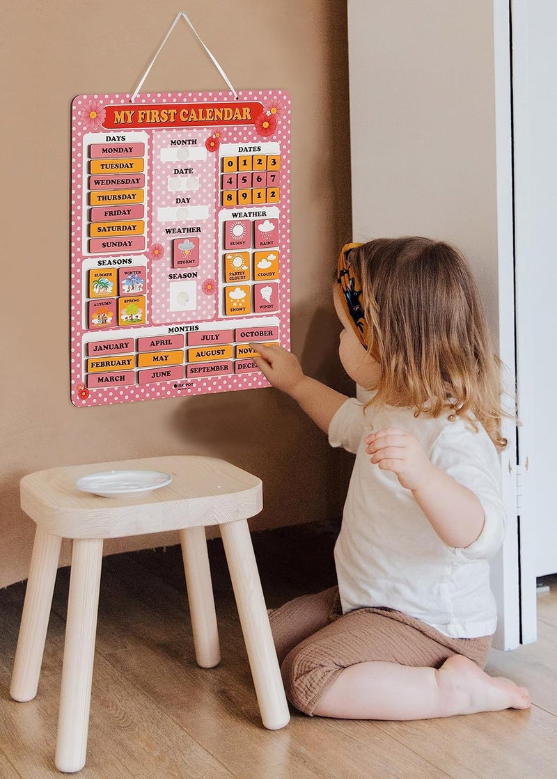 Inkdotpot My First Calendar Board For Kids, Preschool Wall Hanging Month/Date/Day/Weather/Season (42 Pieces); Classroom Learning Calendar Board, 14.5 x 11.5 inches (Pink & Yellow) - Image 5