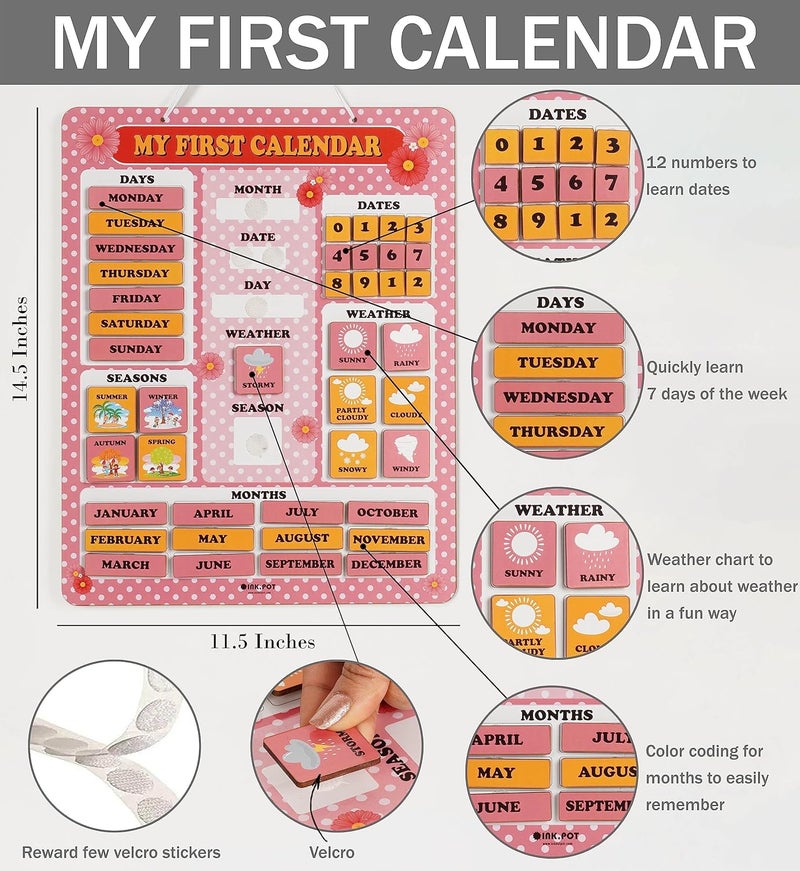 Inkdotpot My First Calendar Board For Kids, Preschool Wall Hanging Month/Date/Day/Weather/Season (42 Pieces); Classroom Learning Calendar Board, 14.5 x 11.5 inches (Pink & Yellow) - Image 3