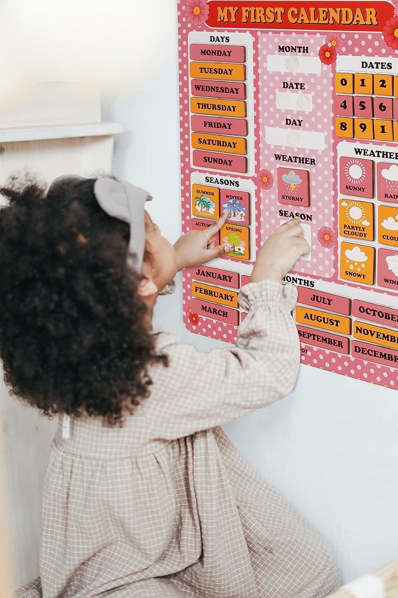 Inkdotpot My First Calendar Board For Kids, Preschool Wall Hanging Month/Date/Day/Weather/Season (42 Pieces); Classroom Learning Calendar Board, 14.5 x 11.5 inches (Pink & Yellow) - Image 4