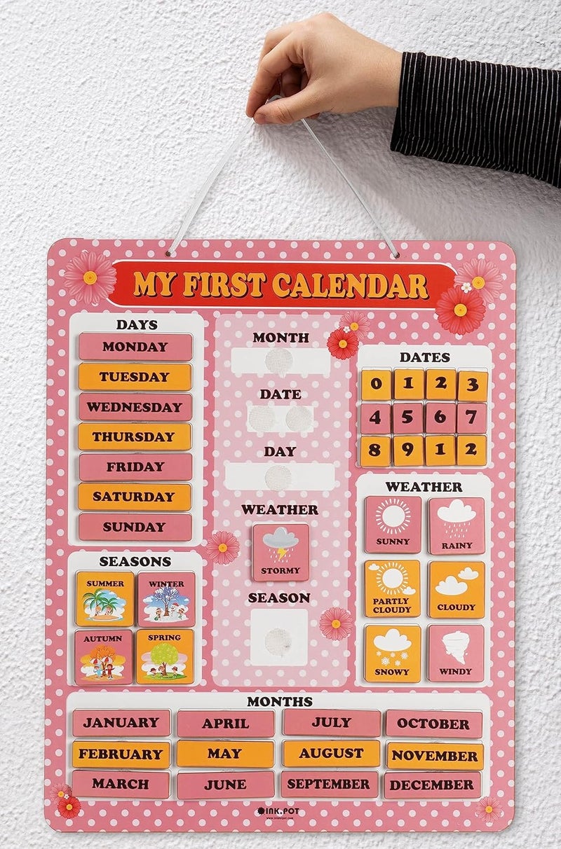 Inkdotpot My First Calendar Board For Kids, Preschool Wall Hanging Month/Date/Day/Weather/Season (42 Pieces); Classroom Learning Calendar Board, 14.5 x 11.5 inches (Pink & Yellow) - Image 2