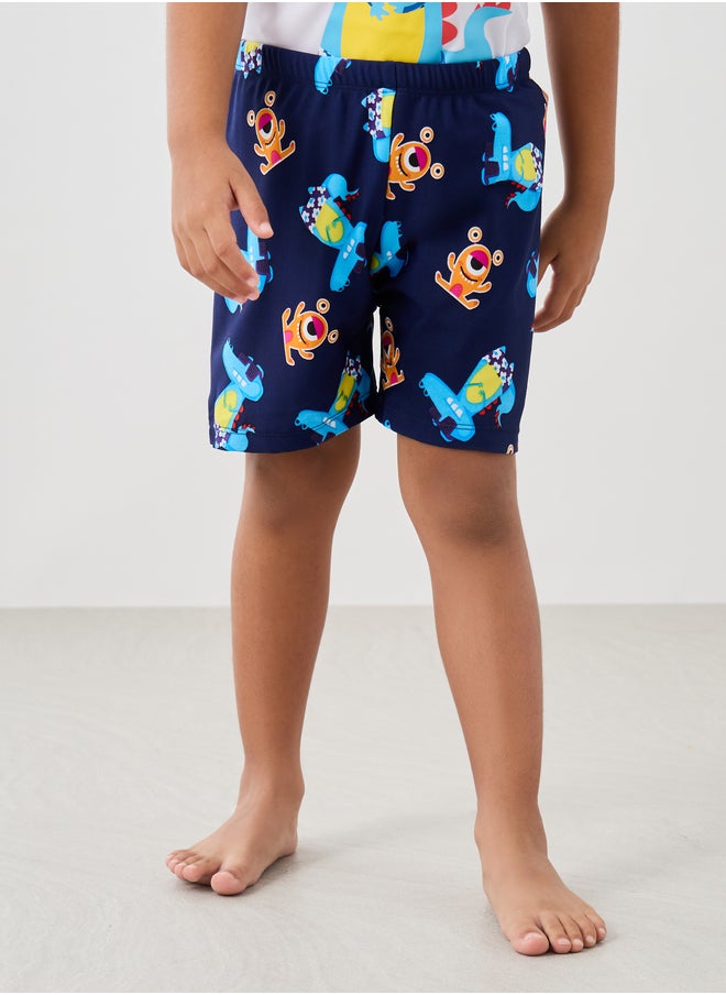 Styli Graphic Print Reglan Sleeve Swim T-Shirt with Shorts and Cap Set  - Image 5