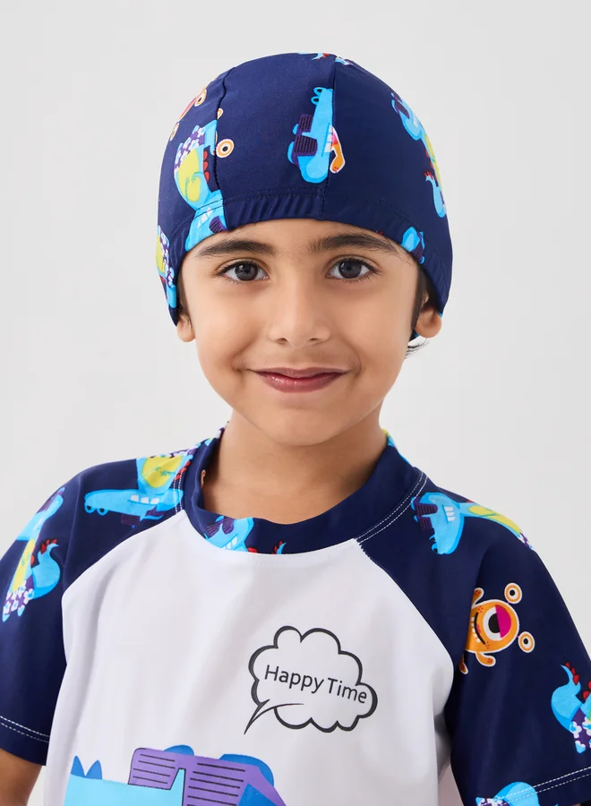 Styli Graphic Print Reglan Sleeve Swim T-Shirt with Shorts and Cap Set