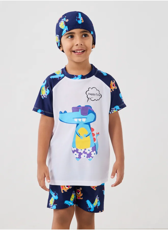 Styli Graphic Print Reglan Sleeve Swim T-Shirt with Shorts and Cap Set
