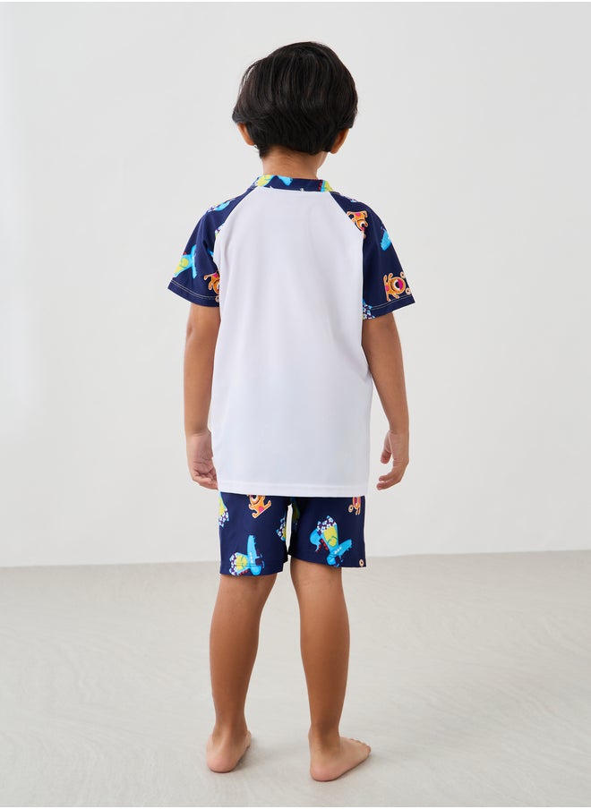 Styli Graphic Print Reglan Sleeve Swim T-Shirt with Shorts and Cap Set  - Image 4