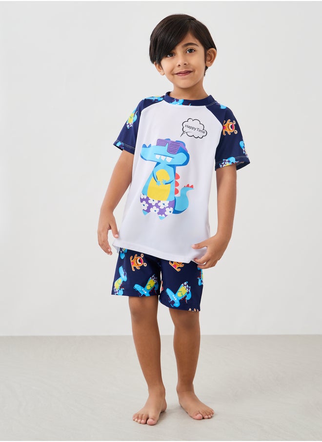 Styli Graphic Print Reglan Sleeve Swim T-Shirt with Shorts and Cap Set  - Image 1
