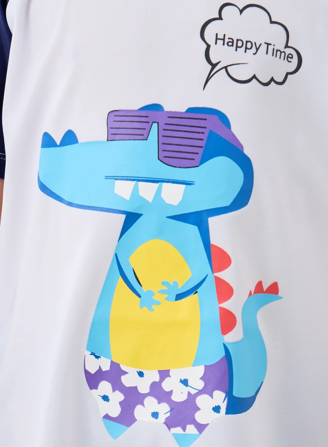 Styli Graphic Print Reglan Sleeve Swim T-Shirt with Shorts and Cap Set