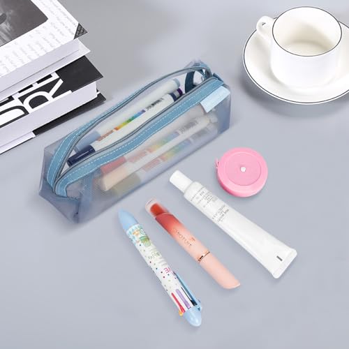 Colorlife Mesh Pen Bag, 3 Pack Zipper Mesh Pouch, Multifunctional Clear Pencil Case Organizer Stationery Storage Bag for Office Supplies Cosmetics Makeup Travel Accessories-Green+Blue+Pink - Image 2