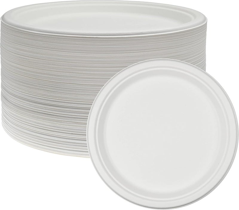 NYHI 125 Pack Compostable 10 Inch Heavy Duty Paper Disposable Plates Bulk For Adults Kids White Sugarcane Plates Cut Leak Resistant Compostable - Image 1