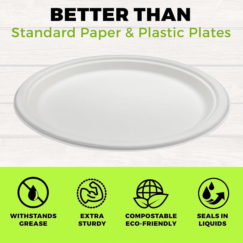 NYHI 125 Pack Compostable 10 Inch Heavy Duty Paper Disposable Plates Bulk For Adults Kids White Sugarcane Plates Cut Leak Resistant Compostable - Image 3