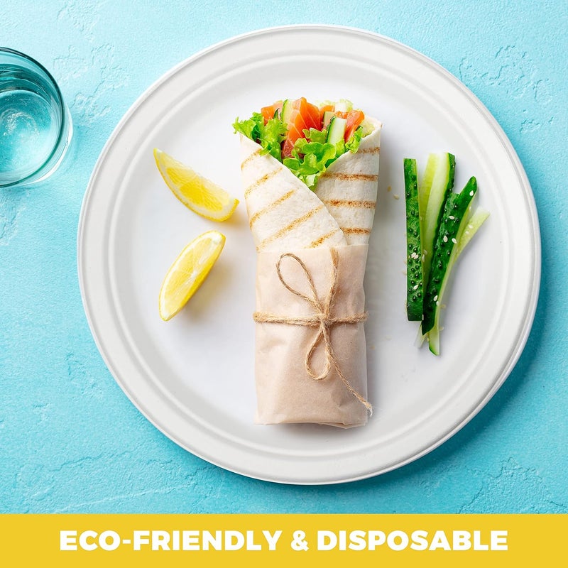 NYHI 125 Pack Compostable 10 Inch Heavy Duty Paper Disposable Plates Bulk For Adults Kids White Sugarcane Plates Cut Leak Resistant Compostable - Image 2