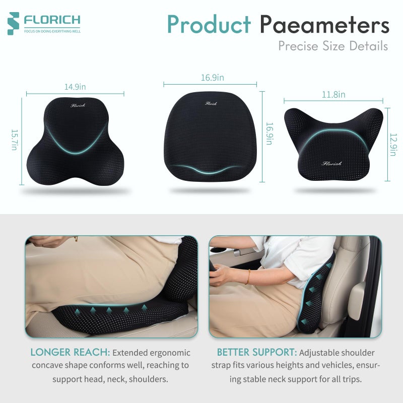 FLORICH Car Seat Cushion and Lumbar Support Pillow for Office Chair Car, Neck Headrest Pillow, Ergonomic Memory Foam, Pressure-Relieving Back Support for Car, Office Chair & Wheelchair â€“ Black - Image 2
