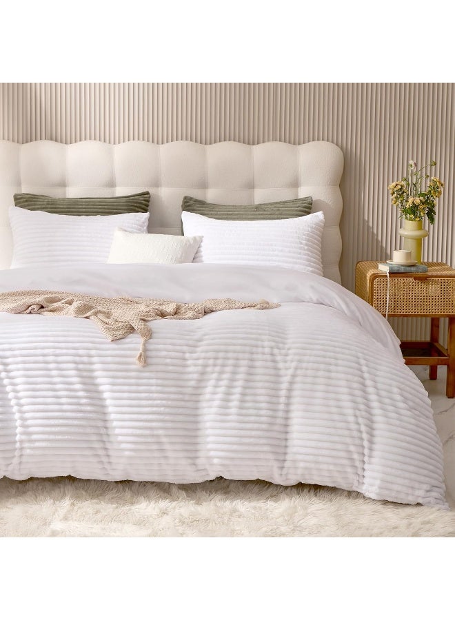 JELLYMONI Plush Duvet Cover Set King Pure White Striped Fluffy Comforter Cover 3pcs Shaggy Fuzzy Velvet Bedding Set Luxury Ultra Soft Faux Fur Duvet Cover with Zipper and 2 Pillowcases (NO Comforter) - Image 1