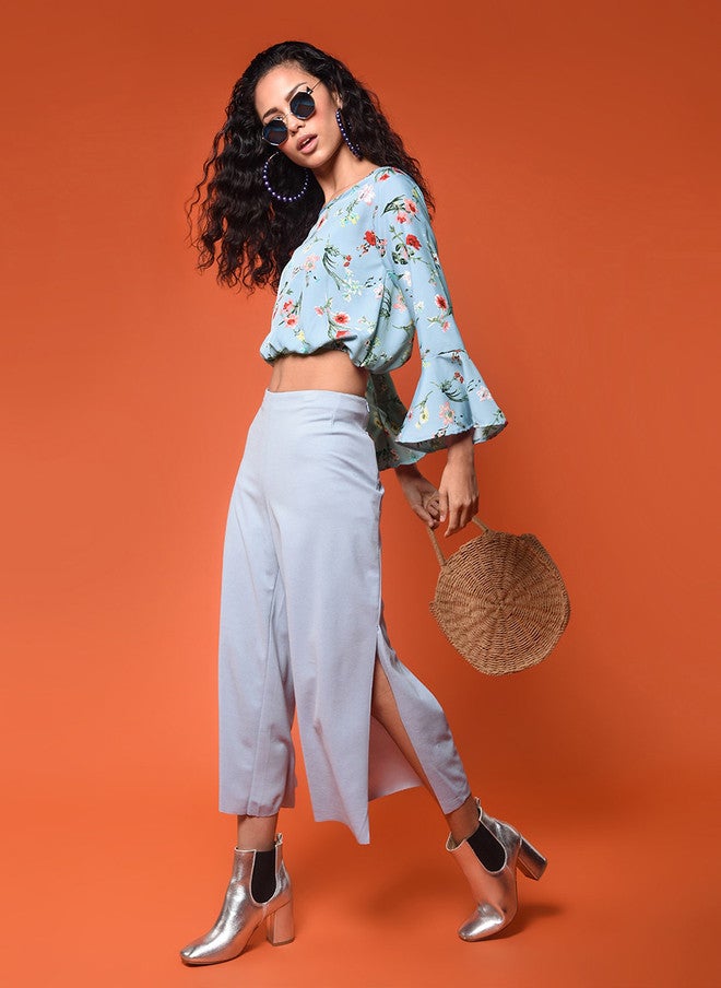 CHIMPAAANZEE Blue & Yellow Floral Print Bell Sleeves Blouson Crop Top - Image 5