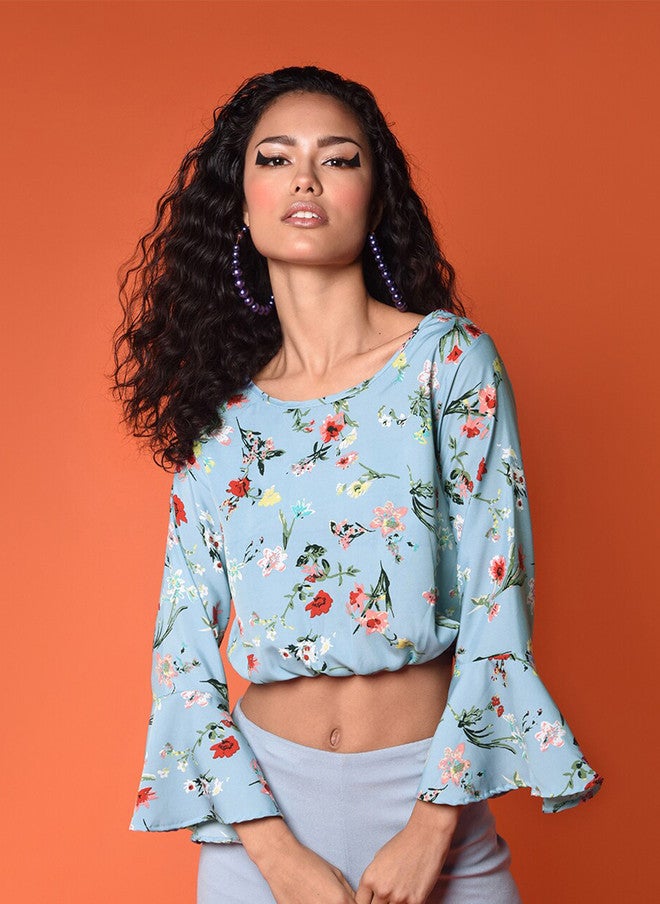 CHIMPAAANZEE Blue & Yellow Floral Print Bell Sleeves Blouson Crop Top - Image 1