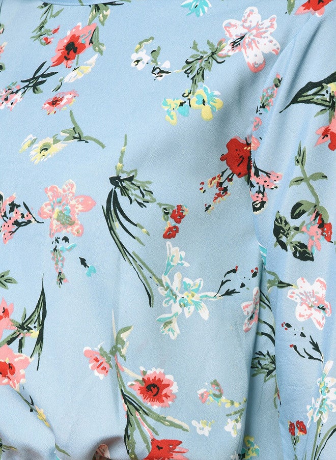 CHIMPAAANZEE Blue & Yellow Floral Print Bell Sleeves Blouson Crop Top - Image 2