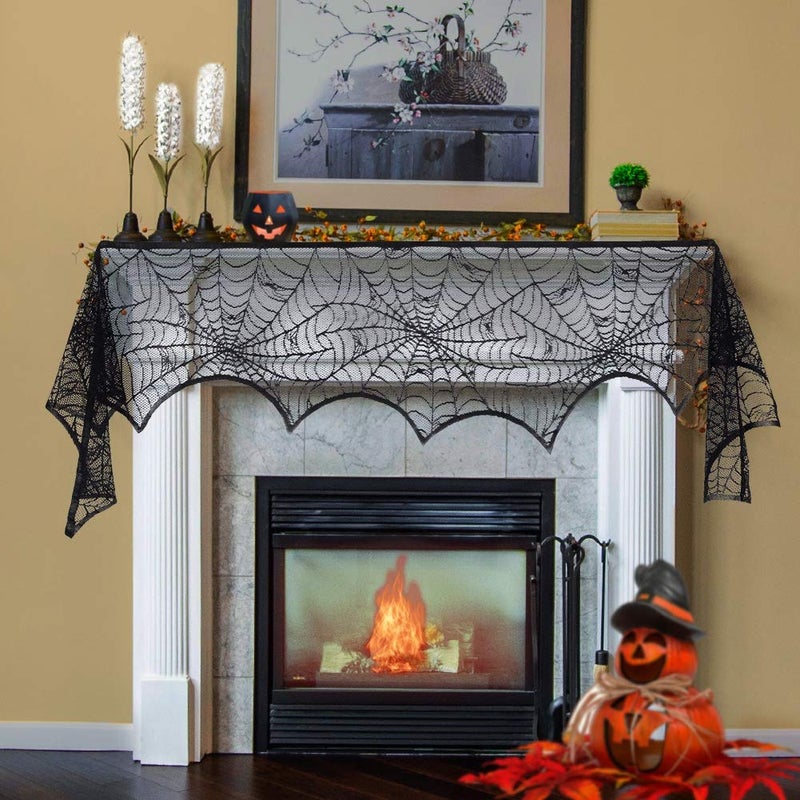 Lulu Home Lulu Home Halloween Fireplace Decorations Fireplace Mantle Scarf Cover Black Lace Spider Web for Door Window and Flowerbeds Decoration Halloween Party Supplies 