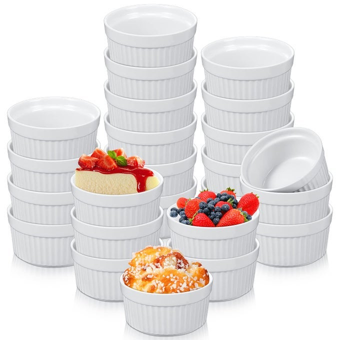 24 PCS RAMEKINS CREME BRULEE DISHES OVEN SAFE CLASSIC PORCELAIN RAMEKINS SET FOR BAKING CREME BRULEE SOUFFLE APPETIZER CUSTARD PUDDING DIPPING BOWL WHITE 4 OZ