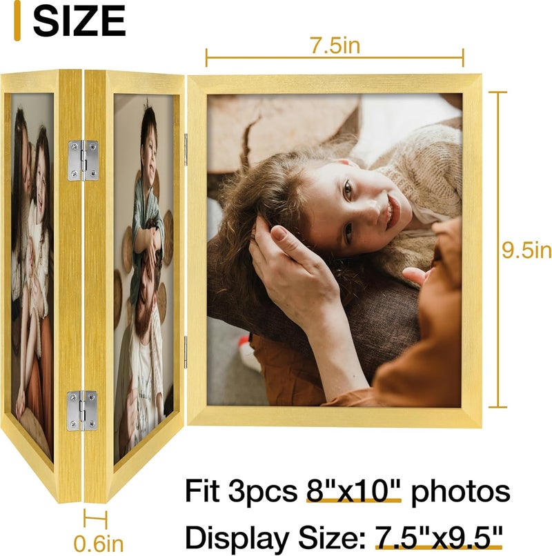 decorUhome Triple 8X10 Picture Frame Vertical, Engineered Wood Trifold Photo Frame with Plexiglass for Tabletop Display, 8X10, Gold - Image 4