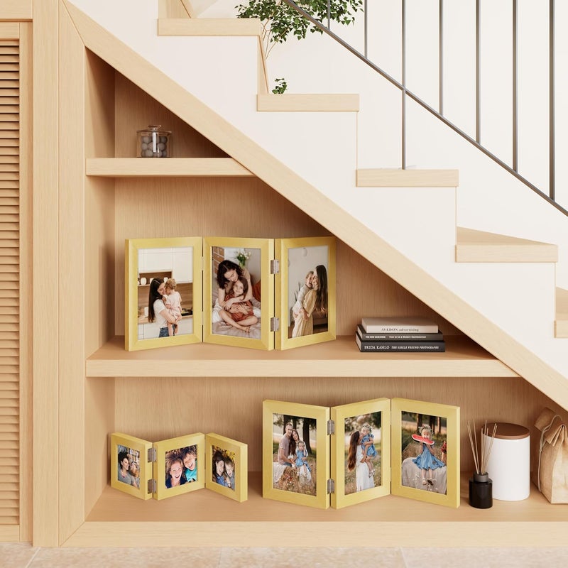 decorUhome Triple 8X10 Picture Frame Vertical, Engineered Wood Trifold Photo Frame with Plexiglass for Tabletop Display, 8X10, Gold - Image 5