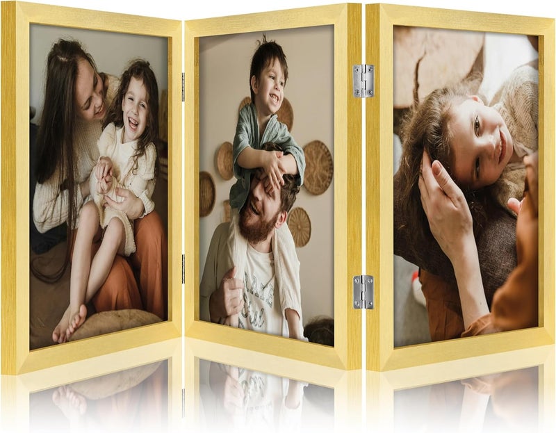 decorUhome Triple 8X10 Picture Frame Vertical, Engineered Wood Trifold Photo Frame with Plexiglass for Tabletop Display, 8X10, Gold - Image 1