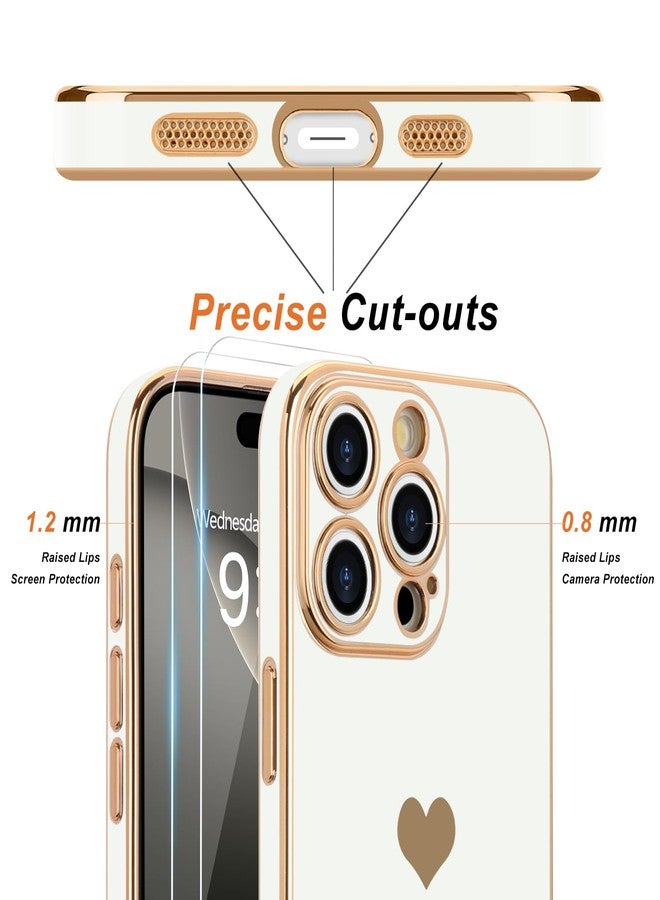 Teageo جراب Teageo لهاتف iPhone 16 Pro Max مع واقيين للشاشة بنمط قلب، للنساء والفتيات، مطلي بطبقة لامعة فاخرة، مصنوع من مادة TPU الناعمة، مقاوم للخدوش والصدمات، جراب هاتف أبيض لهاتف iPhone 16 Pro Max - Image 2