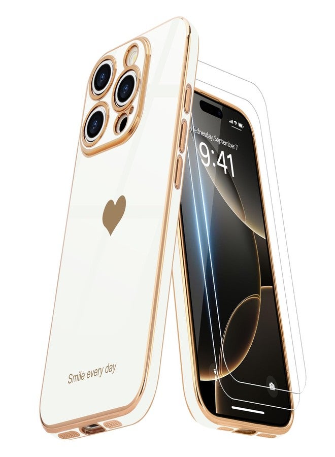 Teageo جراب Teageo لهاتف iPhone 16 Pro Max مع واقيين للشاشة بنمط قلب، للنساء والفتيات، مطلي بطبقة لامعة فاخرة، مصنوع من مادة TPU الناعمة، مقاوم للخدوش والصدمات، جراب هاتف أبيض لهاتف iPhone 16 Pro Max - Image 1