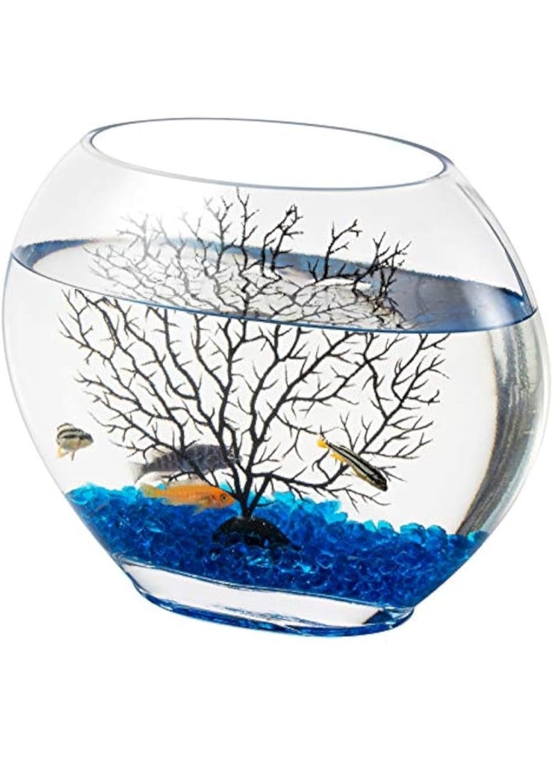 مجموعة حوض سمك زجاجي صغير مفلطح، حوض سمك صغير يأتي مع أحجار ديكور حوض سمك زرقاء وزينة شجرة على شكل فرع مروحة بلاستيكية