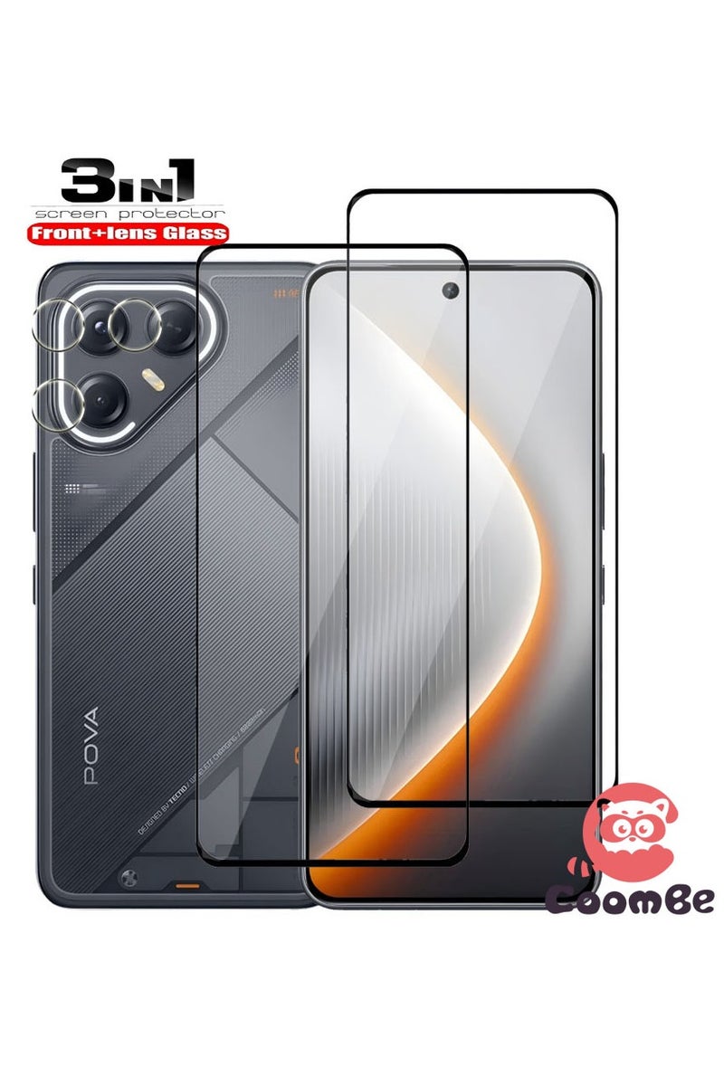 كومبي واقي شاشة 3 في 1 لهاتف POVA 7، قطعتان من الزجاج الأمامي وقطعة واحدة من غشاء العدسة، مقاوم للخدش، مضاد لبصمات الأصابع، خالٍ من الفقاعات، غشاء زجاجي مقوى 9H - Image 1