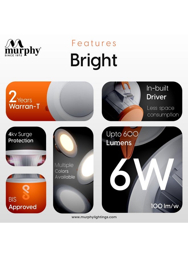 Murphy 6W Bright LED Downlight - Natural White, Slim Round Recessed Ceiling Light, 3-Inch Junction Box Compatible, Anti-Glare Diffuser, Energy Efficient (Pack of 6, 2-Year Warranty) - Image 3