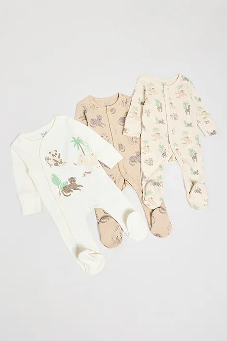 R&B 3 Pack Printed Footed Sleepsuits
