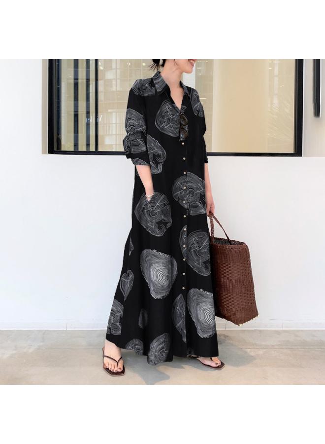 Large Size Women's Clothing Muslim Cotton And Linen Printing Long Sleeve Simple Loose Casual Long Shirt And Korean Style Dress 